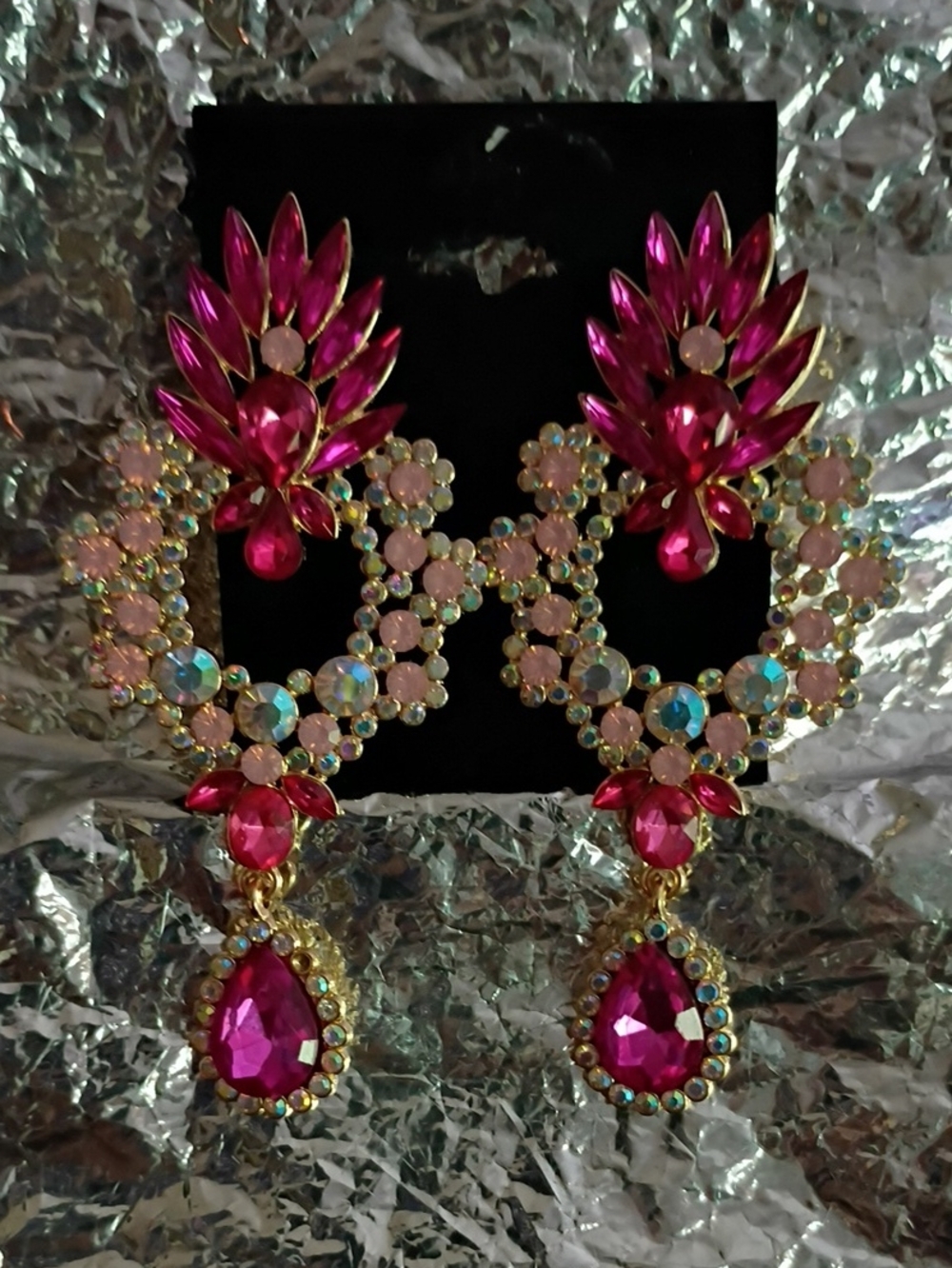 Statement Pink Crystal Drop Earrings - Gold Tone